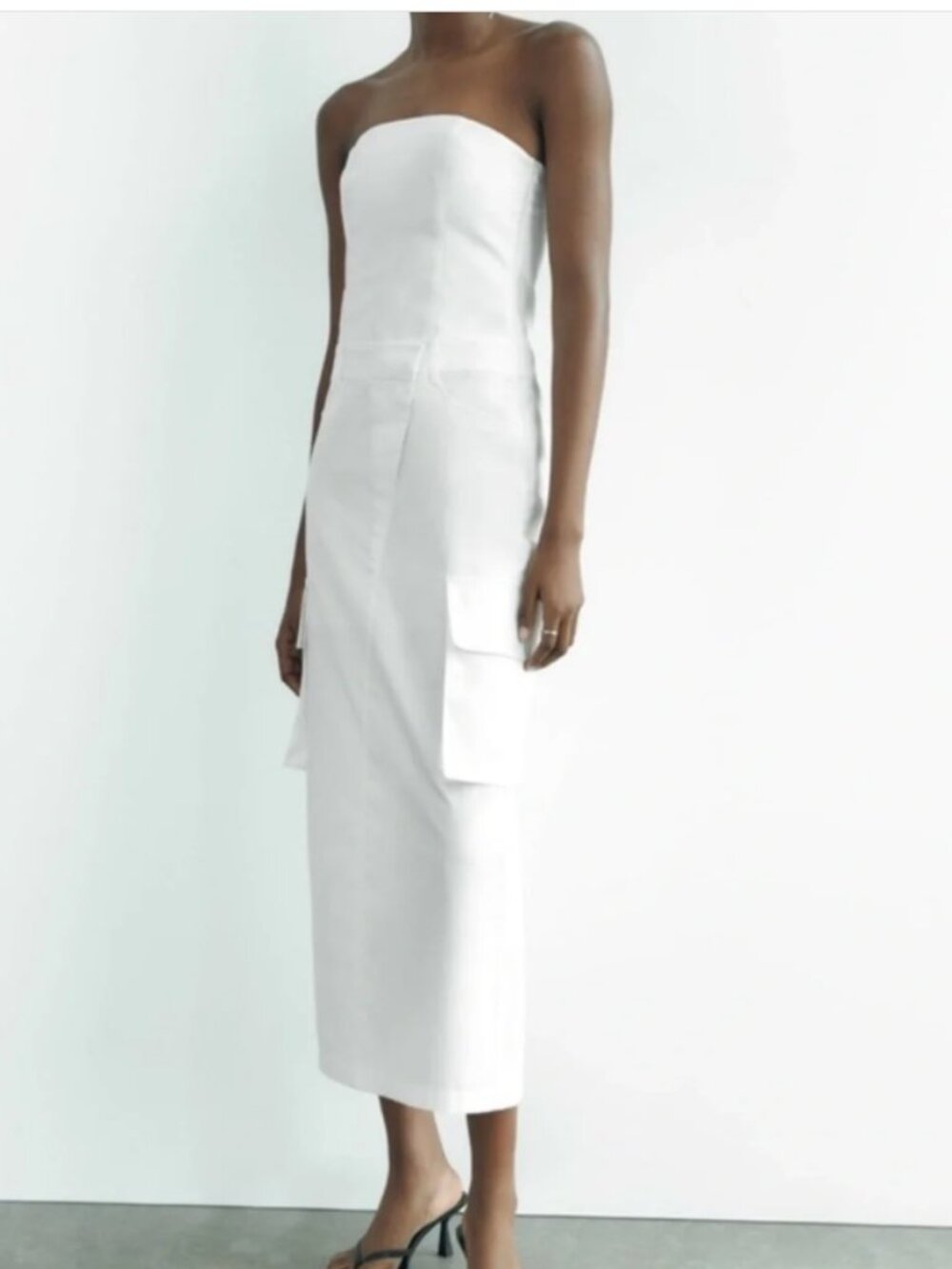 ZARA White Strapless Woven Cargo Midi Dress Pockets Blogger Fav Size XS